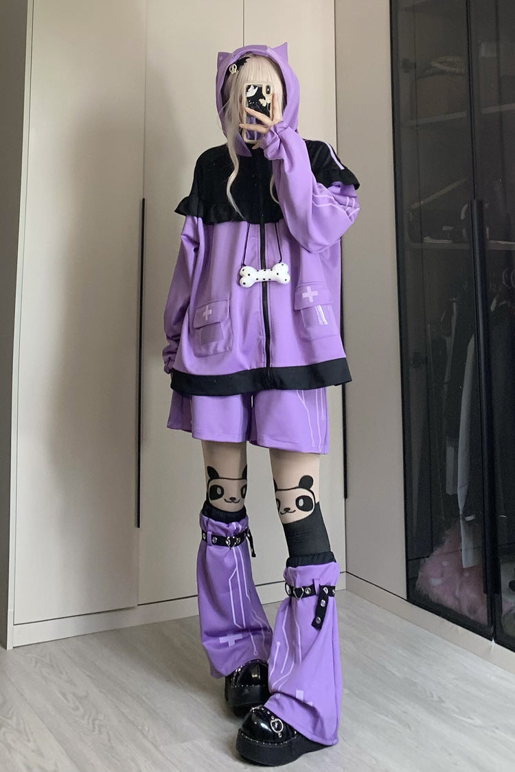 Purple Long Sleeves Cat Ears Hooded Jirai Kei Japanese Shorts Coat Set