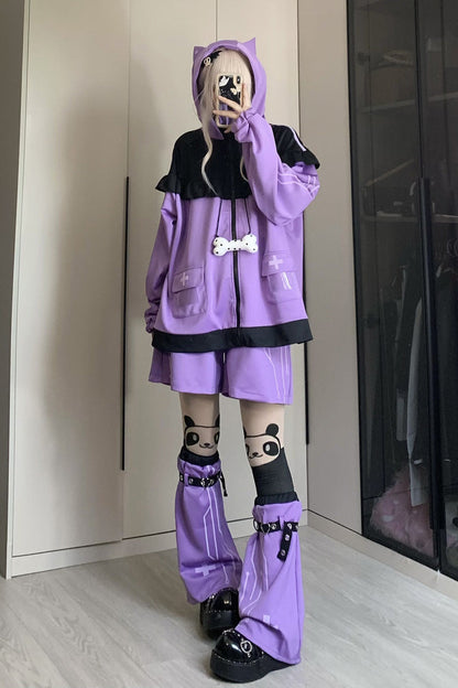 Purple Long Sleeves Cat Ears Hooded Jirai Kei Japanese Shorts Coat Set