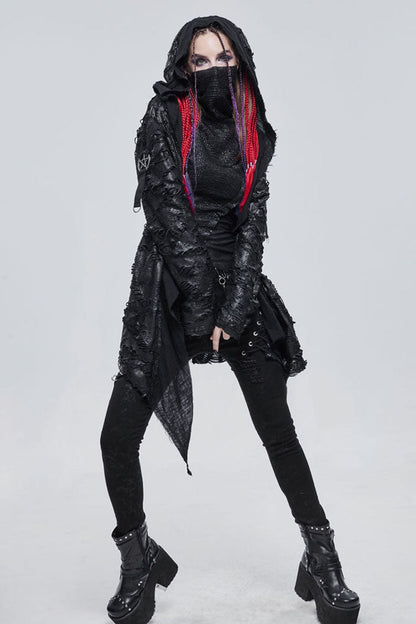 Black Punk Diablo Hole Design Cross Shape Stitching Transparent Mesh Metal Decoration Knitted Women's Coat