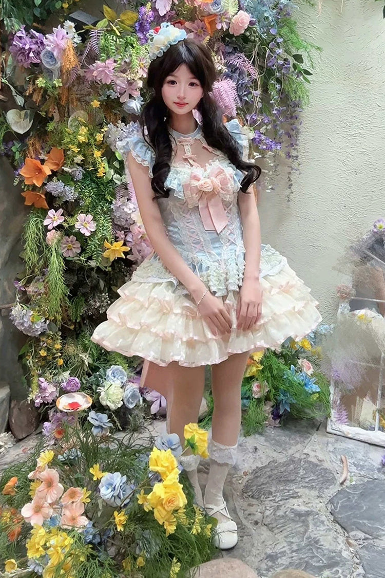 Blue [Flower Language of Eros] Halterneck Multi-Layered Ruffle Bowknot Rose Lace Lace-Up Sweet Ballet Lolita Jsk Dress