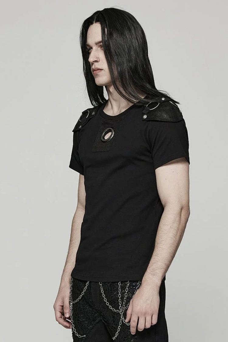 Black Short Sleeves Detachable Shoulder Pad Hollow Mens Steampunk T-Shirt