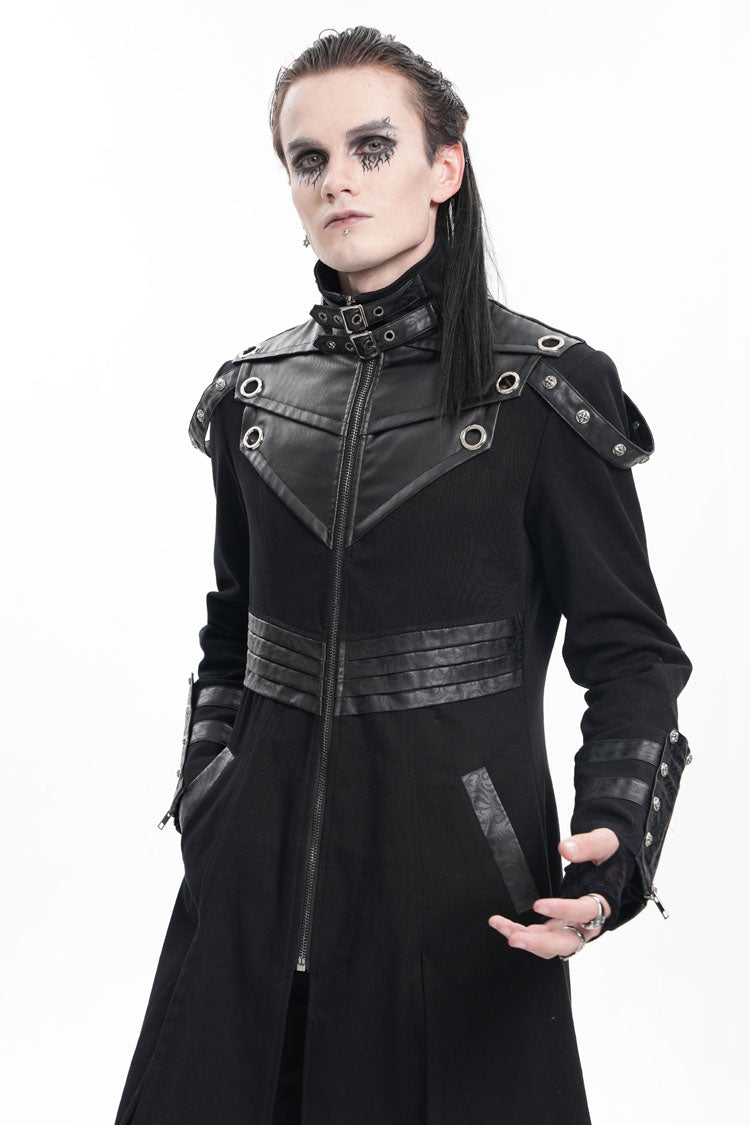 Black Stand Collar Eyelets Buckle-up Ring Long Sleeves Stitching Men's Gothic Coat