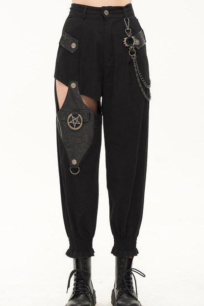 Black Punk Cutout Leather Splicing Detachable Metal Chain Women's Long Pants