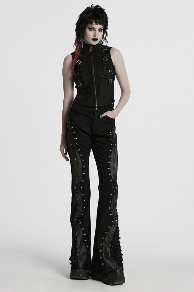 Black Stand Collar Stitching Mesh Buckle Women's Punk Vest