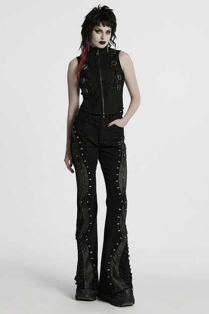 Black Stand Collar Stitching Mesh Buckle Women's Punk Vest