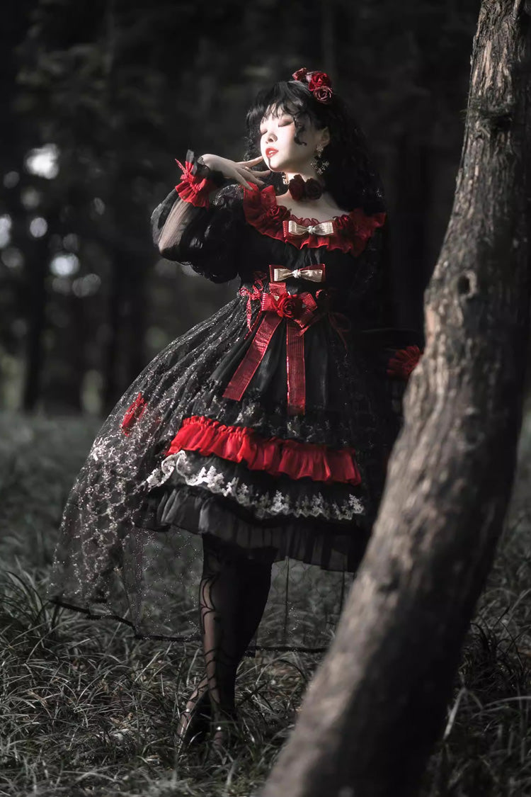 Black/Red [Perlia’s Night] Long Puff Sleeves Ruffled Open-Front Bow Lace Gothic Lolita Dress