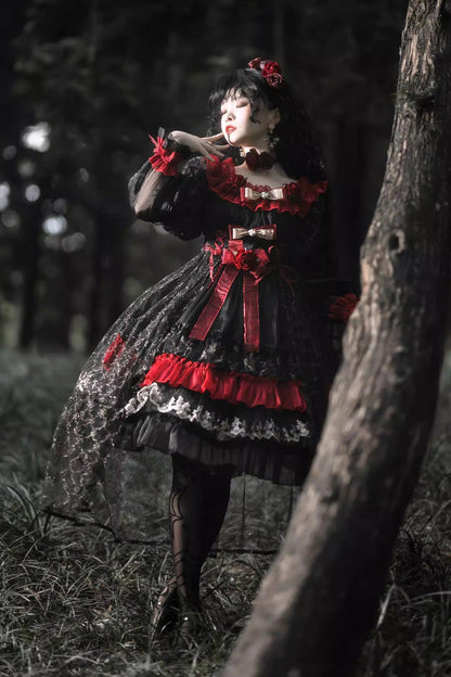 Black/Red [Perlia’s Night] Long Puff Sleeves Ruffled Open-Front Bow Lace Gothic Lolita Dress