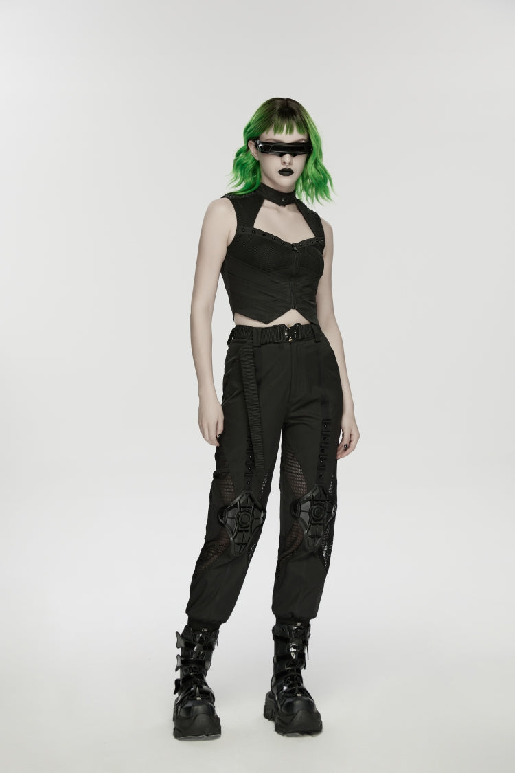 Black Women's Punk Handsome Buckle-up Studded Mesh Cargo Pants