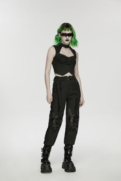 Black Women's Punk Handsome Buckle-up Studded Mesh Cargo Pants