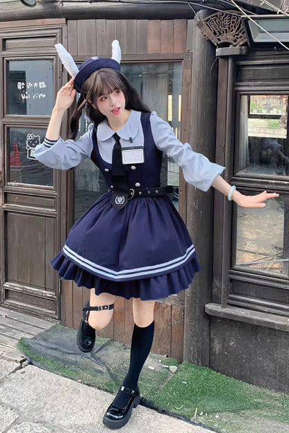 Blue [Rabbit Officer] Long Sleeves Printed Ruffled Faux Two-Piece College Style Sweet Lolita Dress