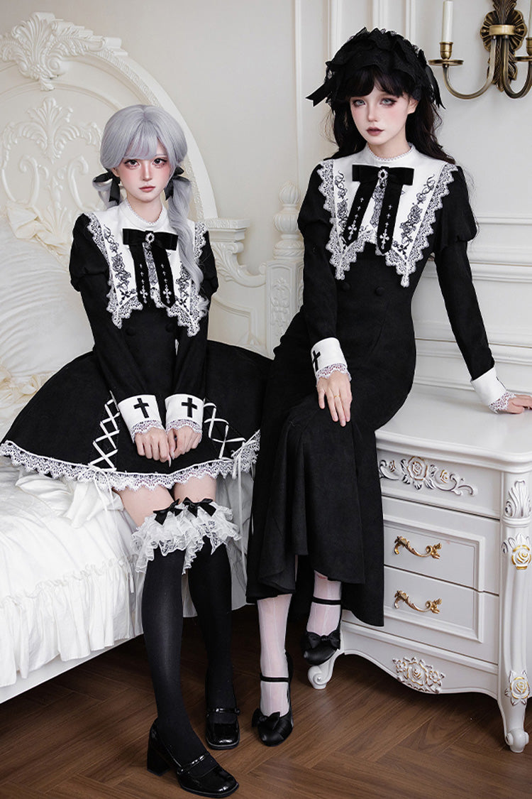 Black/White [Rose Doll] Square Collar Long Sleeves Bowknot Lace-Up Gothic Lolita Dress Set 2 Versions