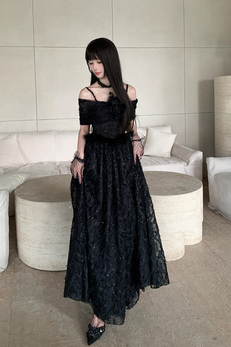 Black [Swan] Off Shoulder Jacquard Embroidered Bow Gothic Lolita Jsk Dress