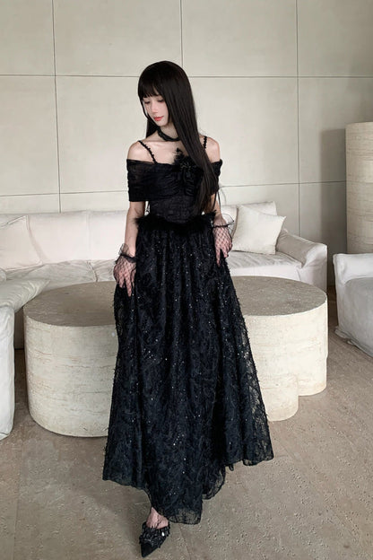 Black [Swan] Off Shoulder Jacquard Embroidered Bow Gothic Lolita Jsk Dress
