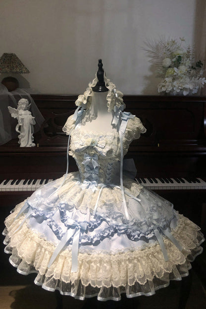 Blue [Dreaming Butterfly] Multi-Layered Jacquard Ruffle Bowknot Lace Sweet Princess Lolita Jsk Dress