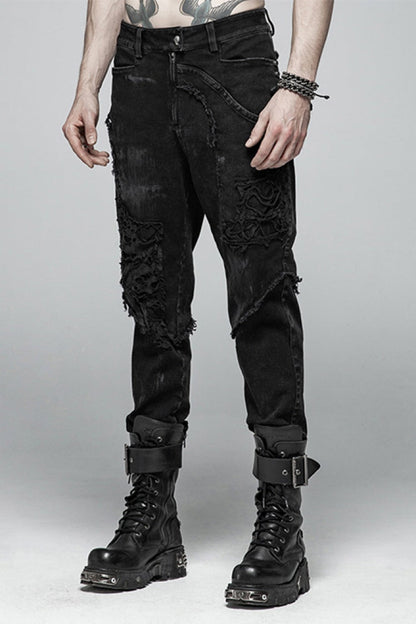 Black Ripped Men's Steampunk Straight-Leg Jeans Pants