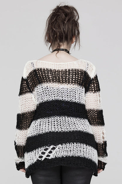 Round Collar Striped Print Irregular Ripped Women's Gothic Sweater 4 Colors
