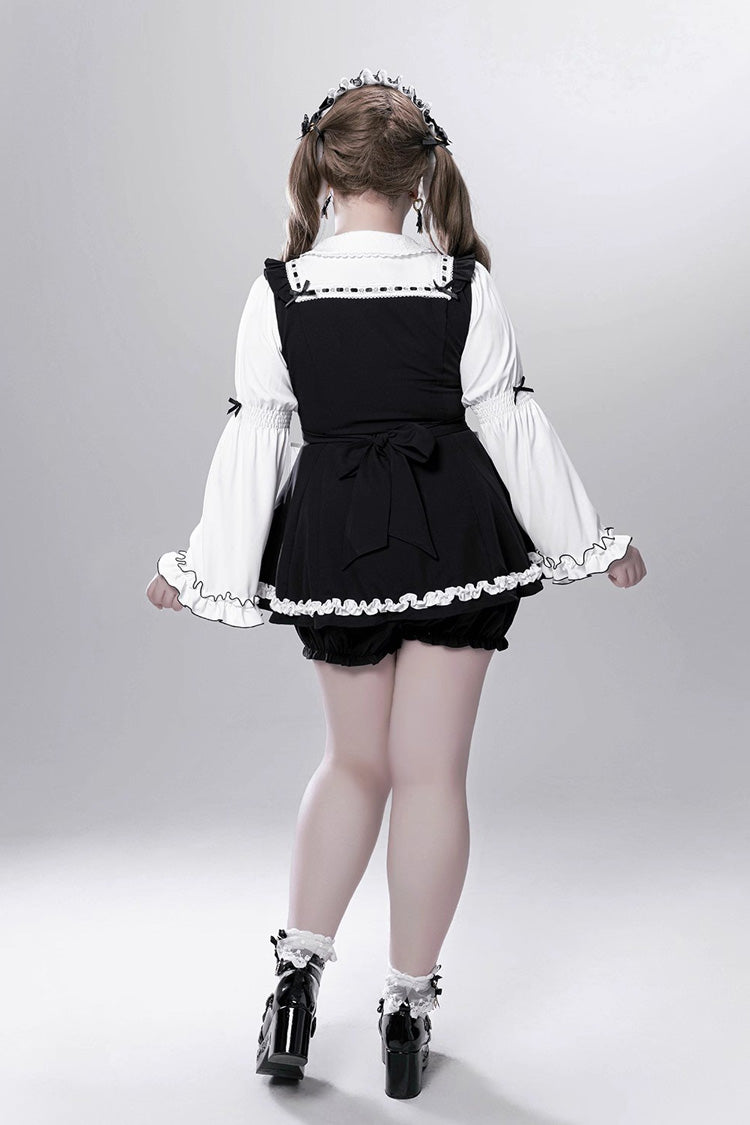 Black/White [Showcase Doll] Japanese Maid-Style Long Sleeves Ruffle Bowknot Jirai Kei Japanese Dress Shorts Set with Detachable Apron