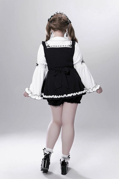 Black/White [Showcase Doll] Japanese Maid-Style Long Sleeves Ruffle Bowknot Jirai Kei Japanese Dress Shorts Set with Detachable Apron