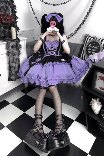 Black/Purple [Halloween Little Witch] Sleeveless Double-Layered Ruffle Bowknot Lace-Up Gothic Lolita Jsk Dress