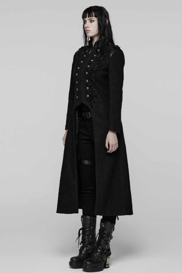 Black Stand Collar Long Sleeves Jacquard Zipper Double-Breasted Women's Punk Coat