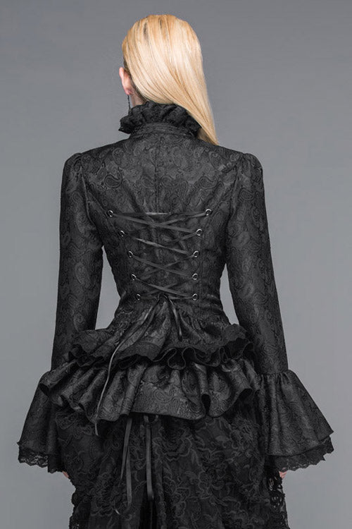 Black Trumpet Sleeves Lace Ruffled Vintage Print Womens Gothic Blouse