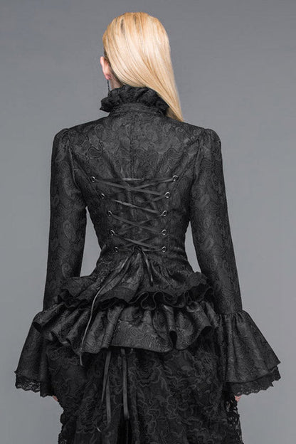 Black Trumpet Sleeves Lace Ruffled Vintage Print Womens Gothic Blouse