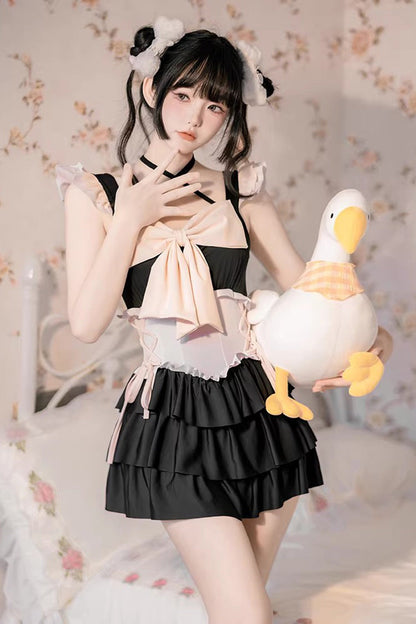 Black/Pink Summer Sweetheart Triple-Layered Ruffled Bow Sweet Lolita Bubble Swimsuit