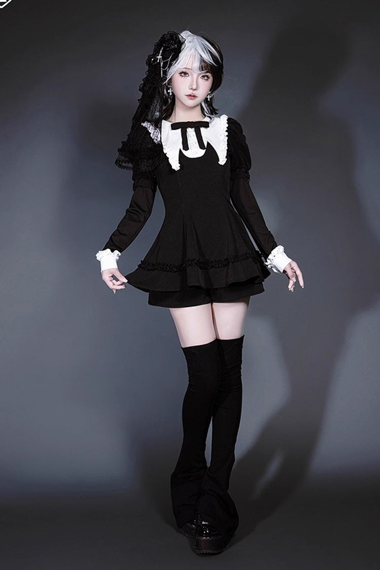 Black/White Long Sleeves Ruffle Bowknot Jirai Kei Japanese Witch Set