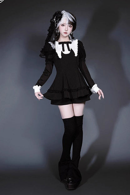 Black/White Long Sleeves Ruffle Bowknot Jirai Kei Japanese Witch Set