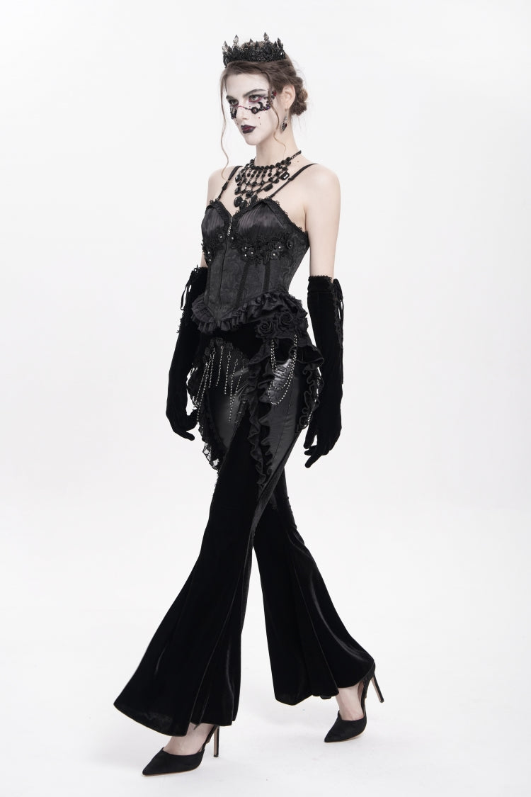 Black Ruffled Spliced Women's Gothic Floral Faux Leather&Velvet Ruffle Pants