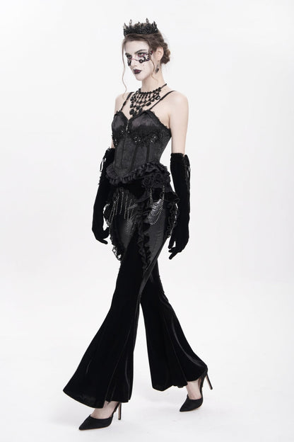 Black Ruffled Spliced Women's Gothic Floral Faux Leather&Velvet Ruffle Pants