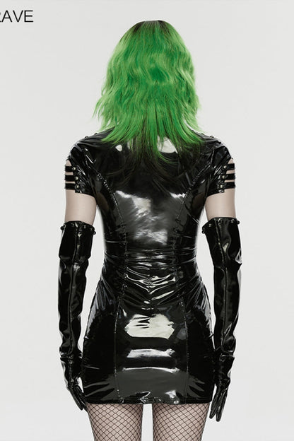 Black Stand Collar Short Sleeves Spliced Lace-Up Slim Mesh Buckled Women's Punk Handsome Dress
