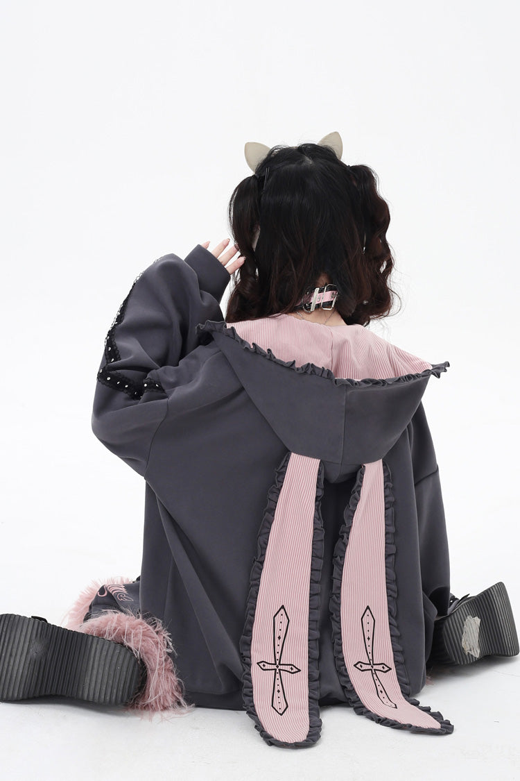 [Striped Bunny Ears] Long Sleeves Heart Print Embroidery Hooded Zipper Sweet Jirai Kei Cool Lolita Coat 2 Colors