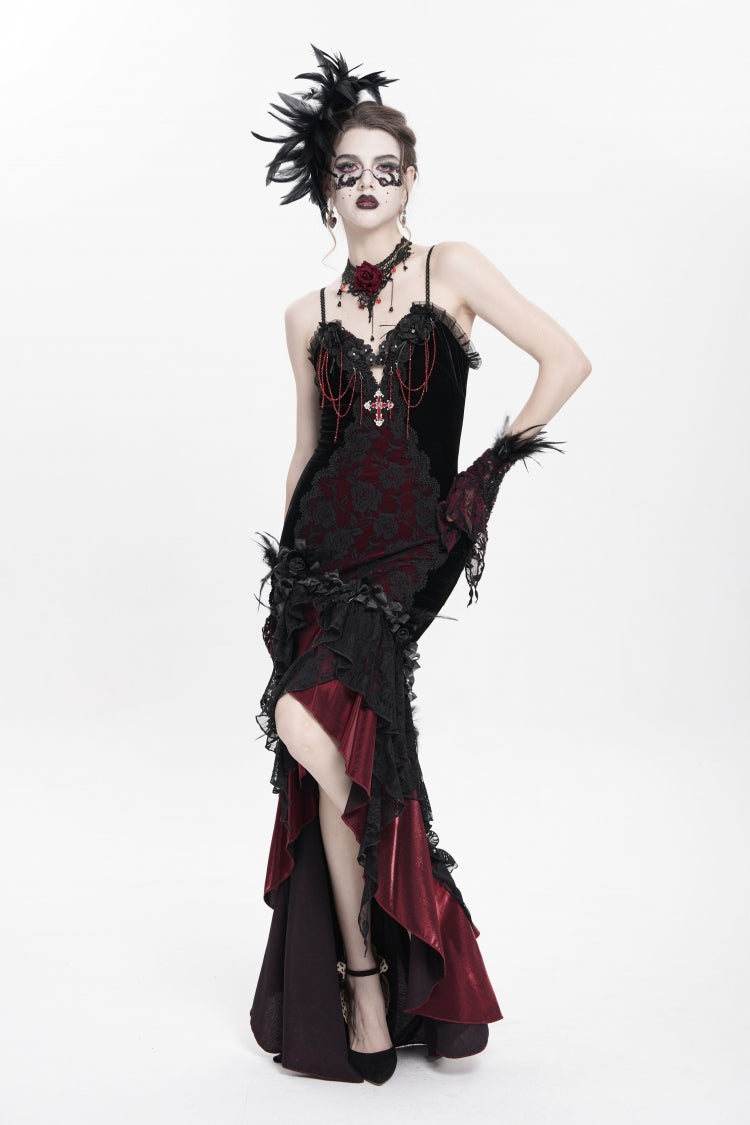 Black/Red Sleeveless Cross Ruffled Floral Embroidered Chain-Decorated Women's Gothic Long Slip Dress