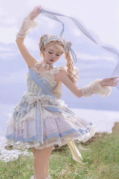 Blue [Moonstone] Sleeveless Ruffle Embroidery Bowknot Lace Fishbone Sweet Princess Lolita Dress