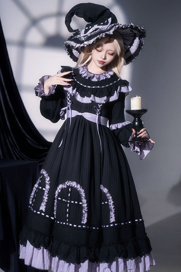 Black [Twin Lilian] Round Collar Long Sleeves Double-Layered Ruffled Bow Lace-Up Gothic Lolita Dress