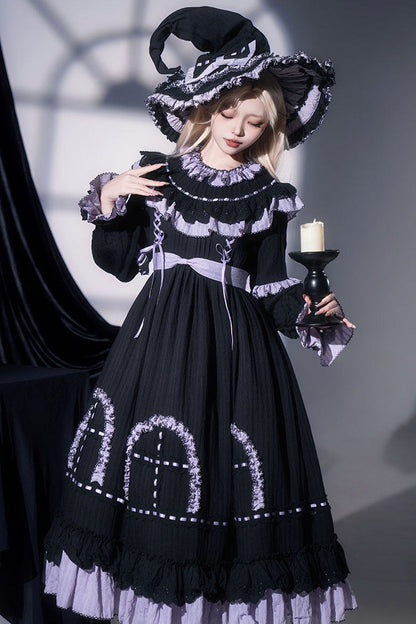 Black [Twin Lilian] Round Collar Long Sleeves Double-Layered Ruffled Bow Lace-Up Gothic Lolita Dress