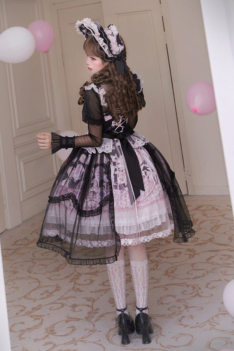 Black/Pink [Pegasus Park] Multi-Layered Print Ruffle Bowknot Lace Sweet Gorgeous Lolita Jsk Dress