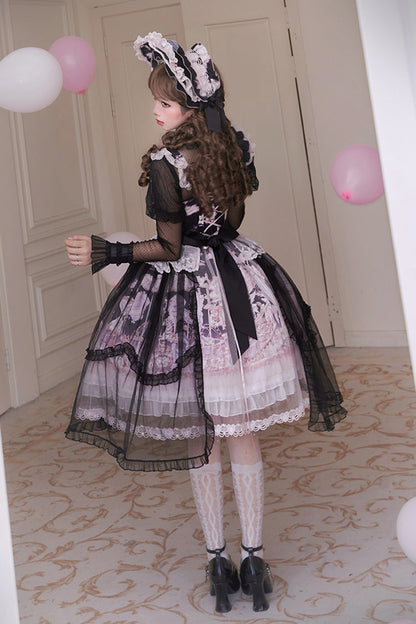 Black/Pink [Pegasus Park] Multi-Layered Print Ruffle Bowknot Lace Sweet Gorgeous Lolita Jsk Dress