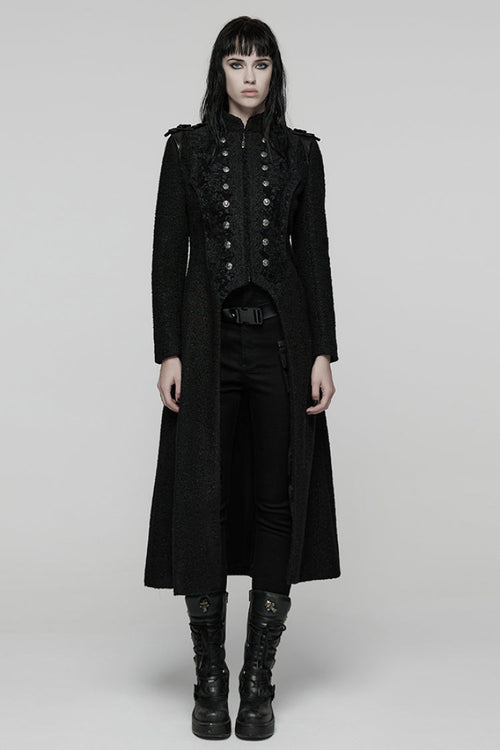 Black Stand Collar Long Sleeves Jacquard Zipper Double-Breasted Women's Punk Coat