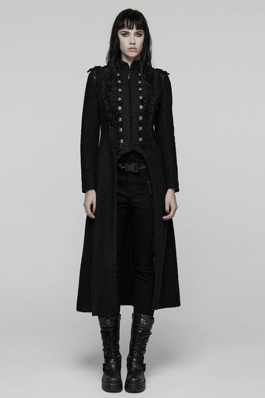 Black Stand Collar Long Sleeves Jacquard Zipper Double-Breasted Women's Punk Coat