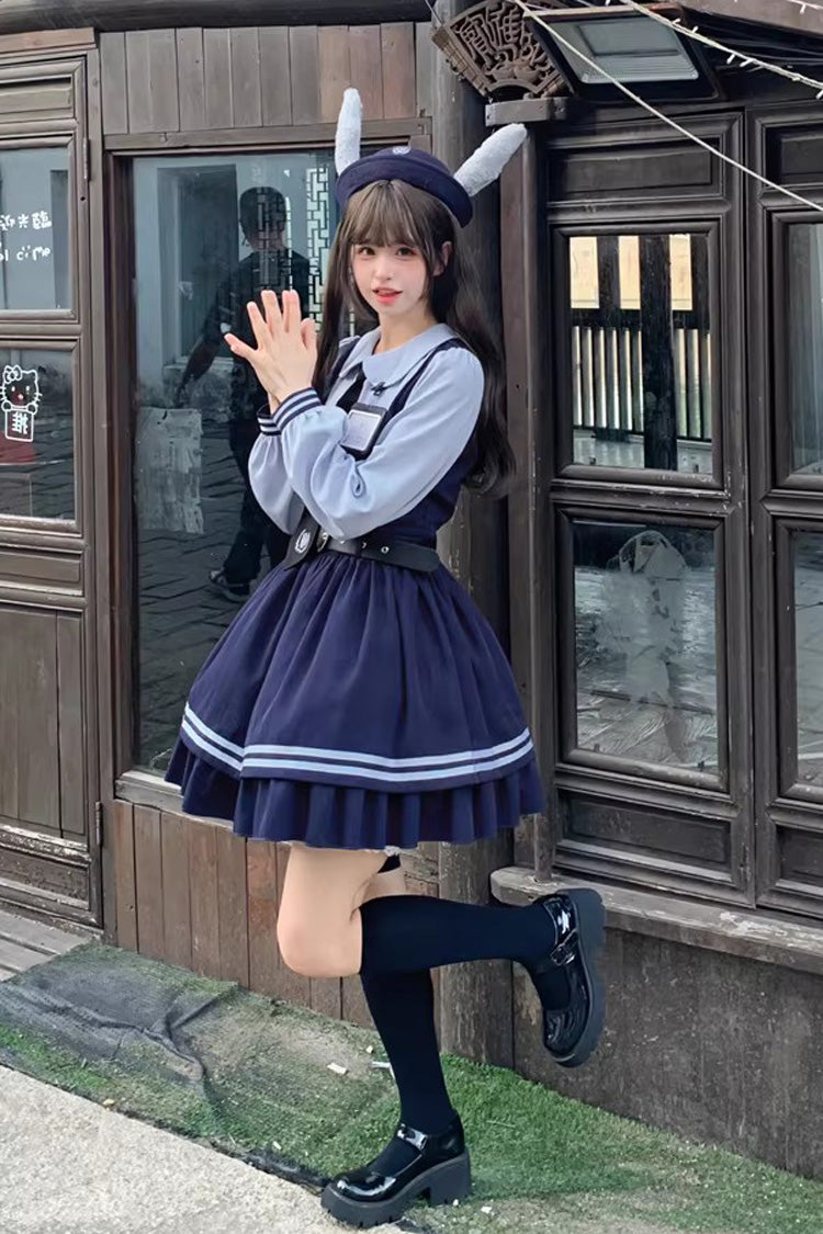 Blue [Rabbit Officer] Long Sleeves Printed Ruffled Faux Two-Piece College Style Sweet Lolita Dress