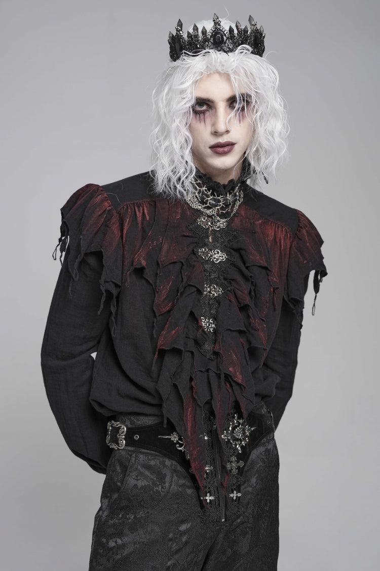 Black/Red Stand Collar Long Sleeves Ruffled Men's Gothic Plunging Shirt