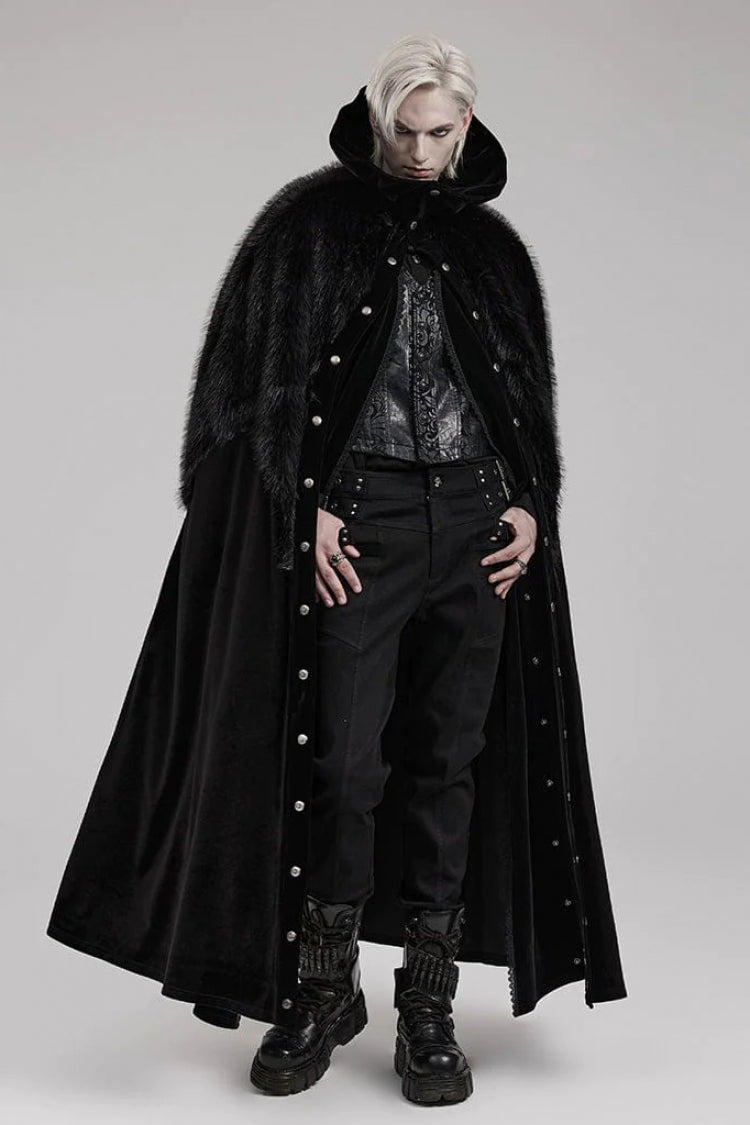 Black Stand Collar Ruffle Irregular Plush Stitching Mens Gothic Gorgeous Cloak