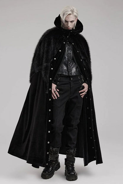 Black Stand Collar Ruffle Irregular Plush Stitching Mens Gothic Gorgeous Cloak