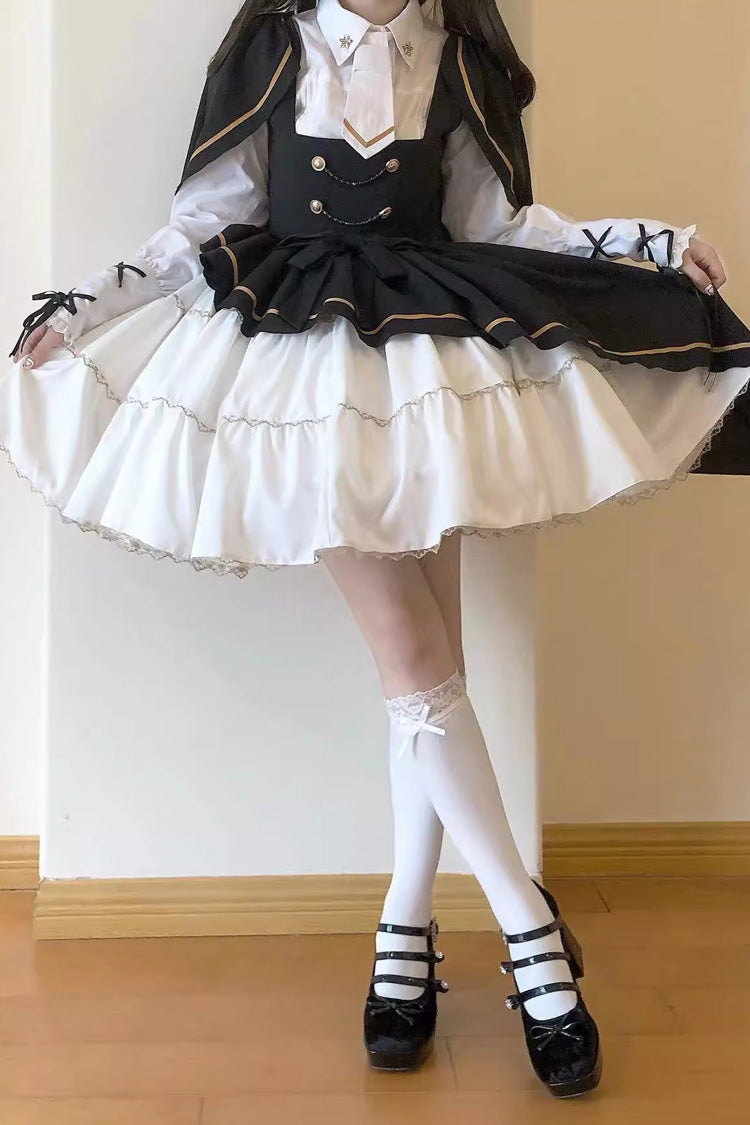 Black/White [Commander] Long Sleeves Ruffle Bowknot Irregular Sweet Lolita Dress Coat Cloak Set