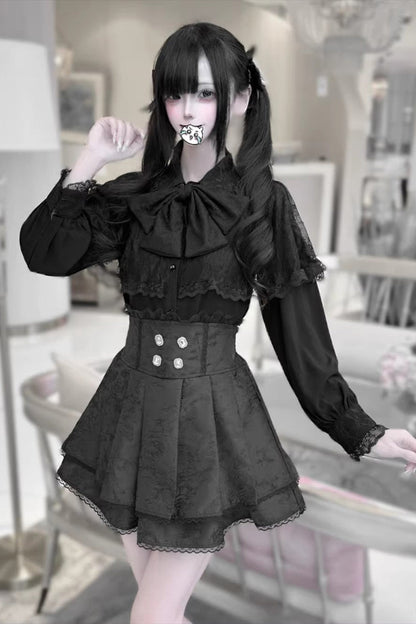 [Dark Moon Shadow] Long Sleeves Double-Layered Ruffled Embroidered Bow Lace-Up Gothic Jirai Kei Lolita Top + Skirt Set