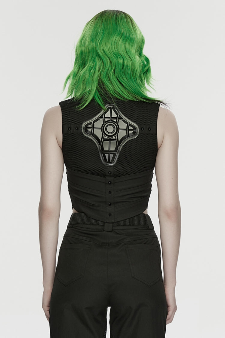 Black Sleeveless Cut-Out Studded Mechanical Women's Punk Tank Top