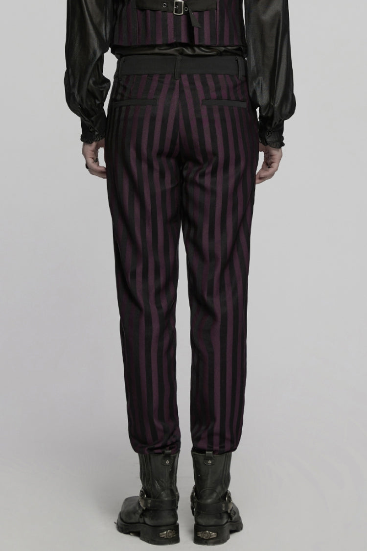 Black/Red High Waisted Striped Print Men's Gothic Suit Pants