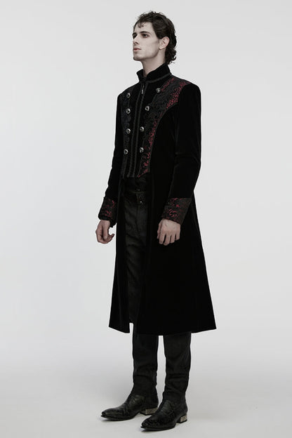 Black/Red Stand Collar Long Sleeves Floral Jacquard Bouble-breasted Zipper Men's Gothic Coat